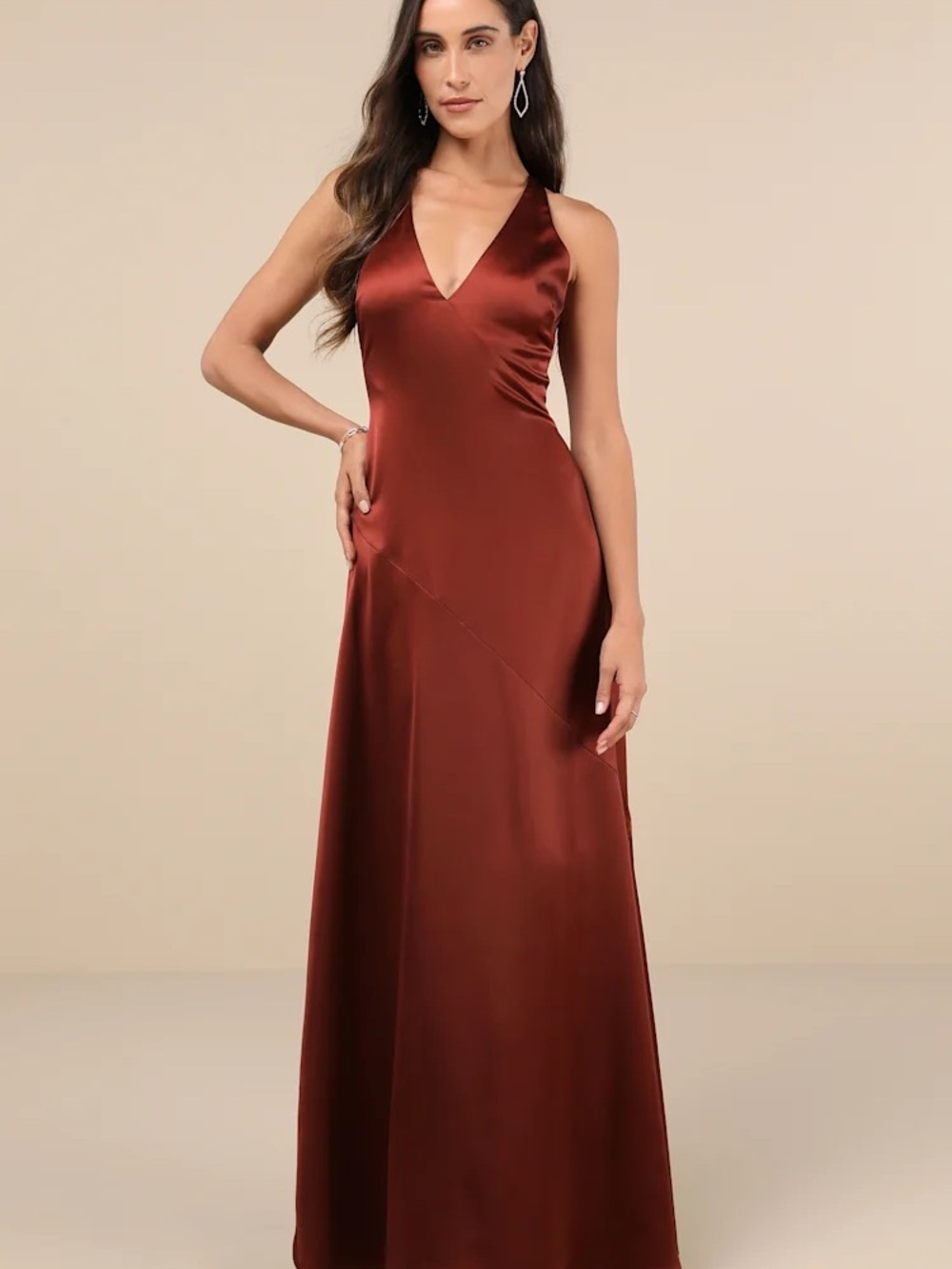 Satin V-Neck, Twist Back Dress in Deep Rust
